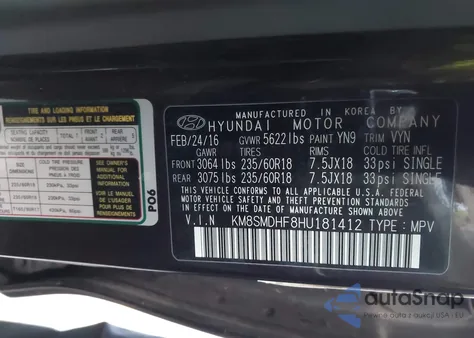 2017 Hyundai Santa Fe Se z USA, uszkodzony, nr VIN KM8SMDHF8HU181412
